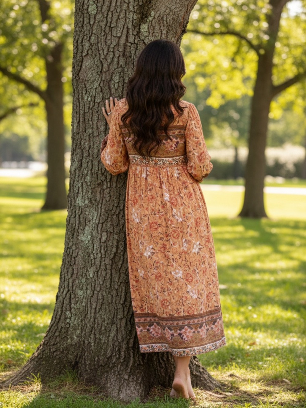 R. Vivimos Peach Long Sleeve Floral Print Retro V Neck Tassel Bohemian Dress - Picture 9 of 10